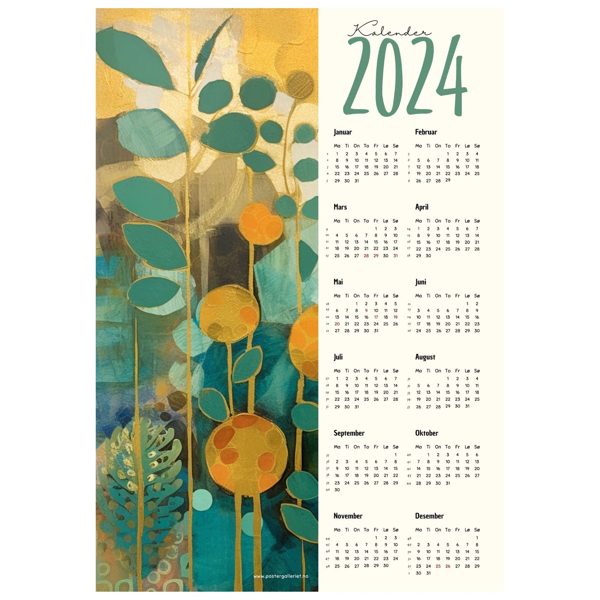 Kalender 2024 i grafisk print. Halve vertikale side har et grafisk motiv i grønne og oransje fargenyanser. Den andre halvdelen er påført 12 måneder med ukenummer og anmerket høytidsdager.