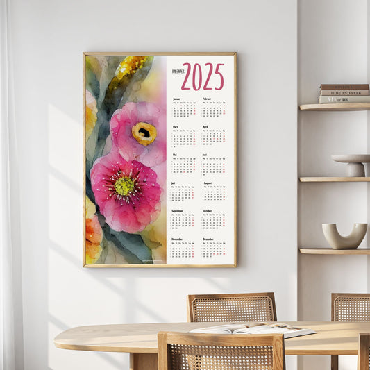 Planlegg året med stil med Kalender 2025! Kalenderen er både funksjonell og dekorativ, og passer perfekt på veggen. Ilustrasjonsfoto viser kalender i lys ramme.