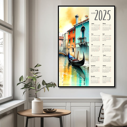 Planlegg året med stil med Kalender 2025! Kalenderen er både funksjonell og dekorativ, og passer perfekt på veggen. Ilustrasjonsfoto viser kalender i sort ramme.