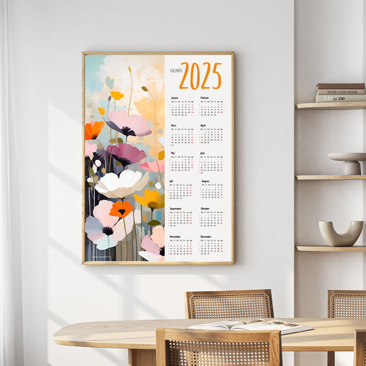 Planlegg året med stil med Kalender 2025! Kalenderen er både funksjonell og dekorativ, og passer perfekt på veggen. Ilustrasjonsfoto viser kalender i lys ramme.