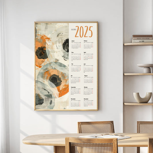 Planlegg året med stil med Kalender 2025! Kalenderen er både funksjonell og dekorativ, og passer perfekt på veggen. Ilustrasjonsfoto viser kalender i lys ramme.