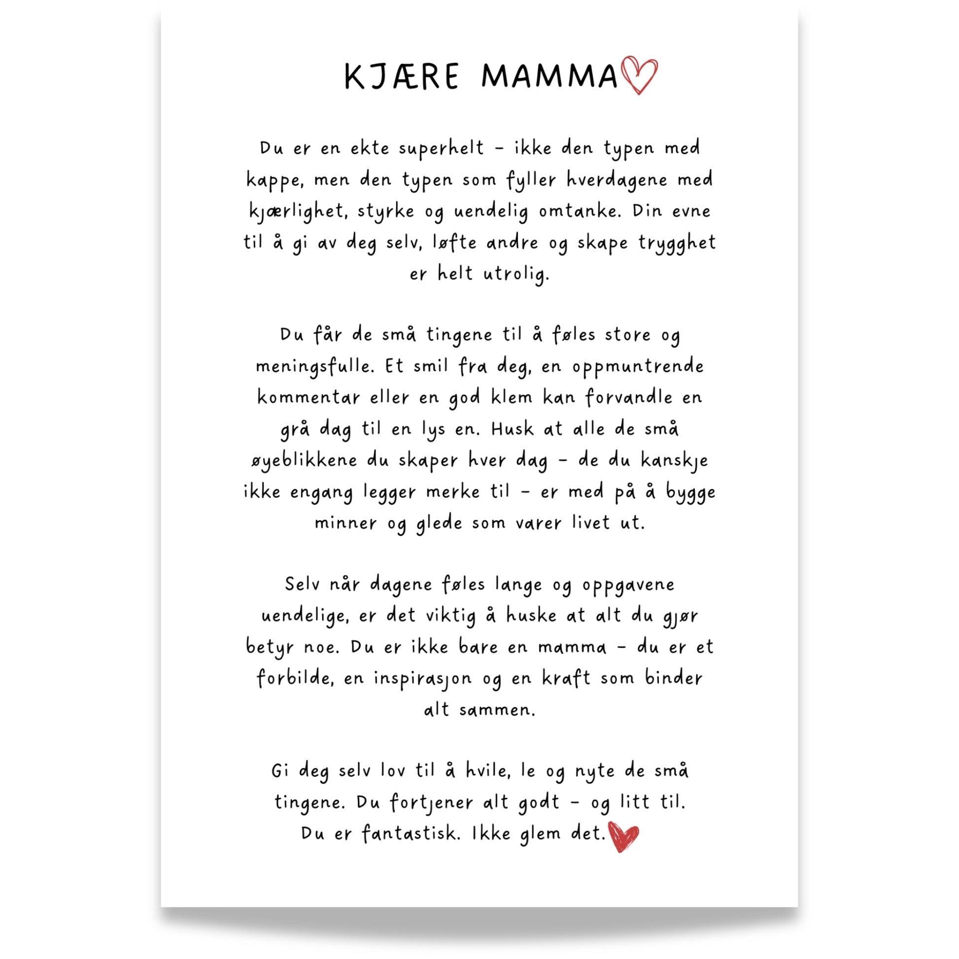 Gi mamma en gave som berører hjertet! Denne vakre plakaten, "Kjære Mamma", er fylt med rørende ord som hyller mødre for deres kjærlighet, styrke og omtanke.