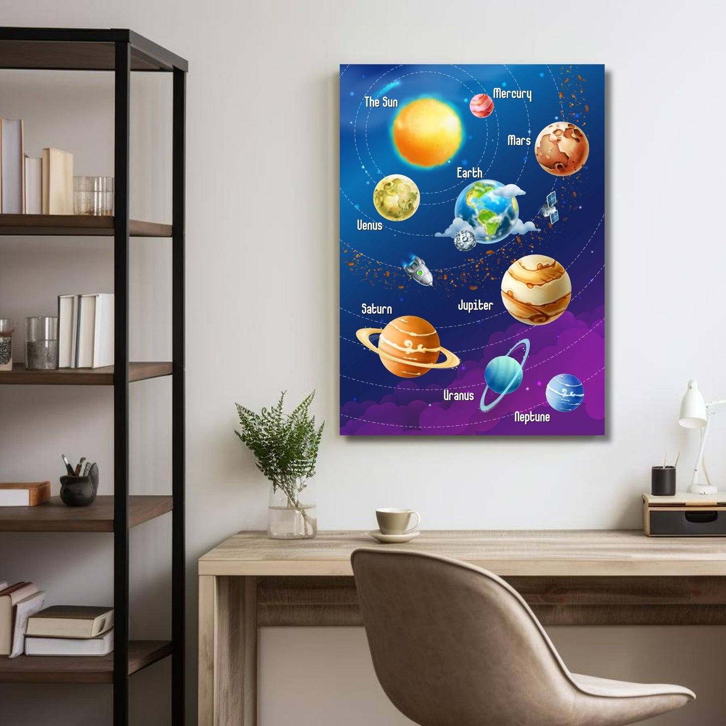 Grafisk illustrosjon av kosmos med planeter, solen og jorda. Illustrasjonsbilde av motivet på lerret.
