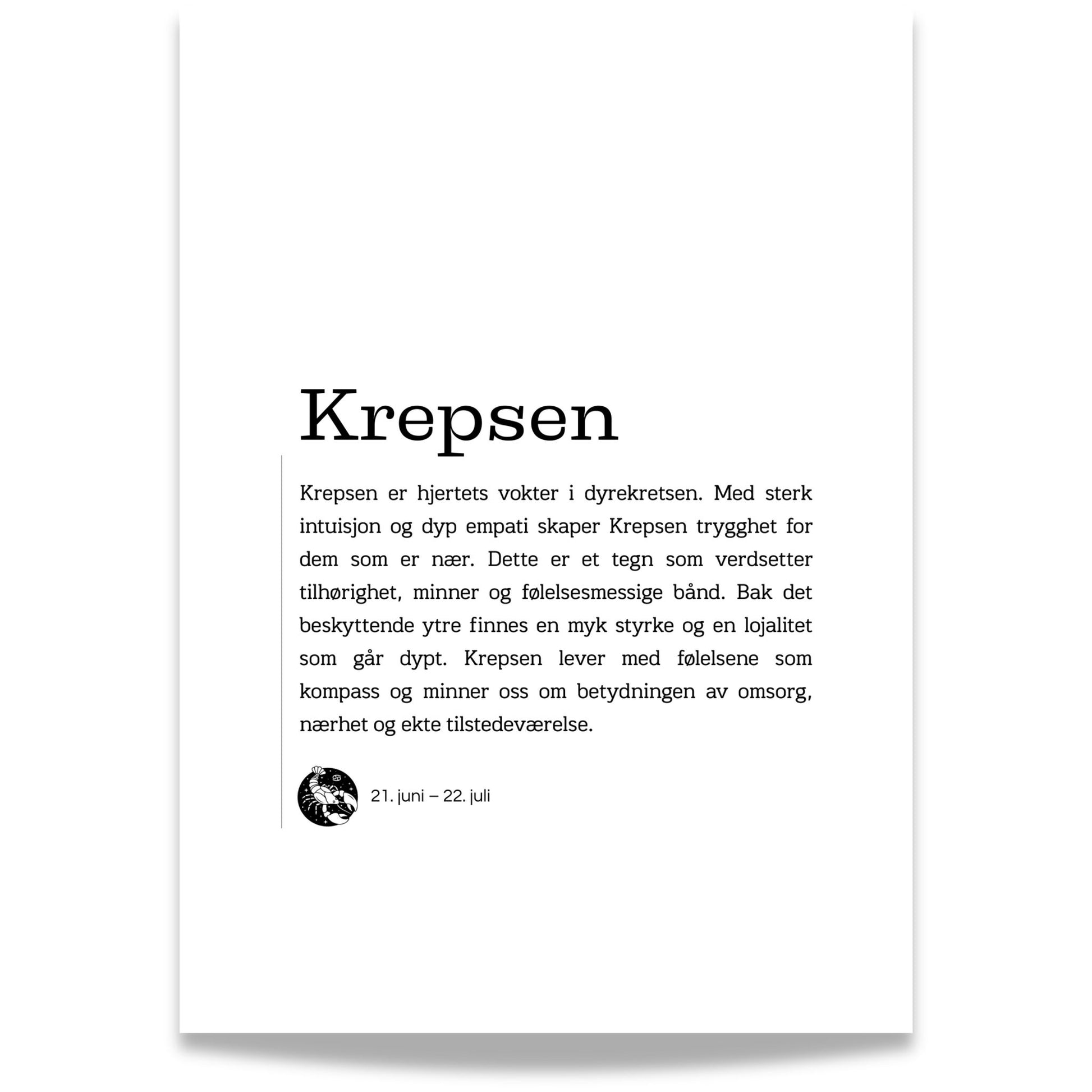 Minimalistisk stjernetegnplakat for Krepsen med typografisk tekst og rolig, nordisk uttrykk