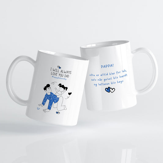 Et varmt og humoristisk krus som fanger gleden mellom far og barn.
Motivet viser lek og samhold – et symbol på kjærligheten som vokser gjennom små øyeblikk.