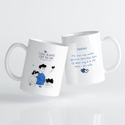 Et stilrent krus som hyller de stille stundene mellom far og barn.
Et motiv som minner oss om trygghet, tålmodighet og kjærlighet uten ord.