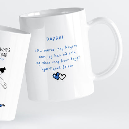 Et krus som minner om den støttende hånden – alltid der.
Det enkle designet fremhever budskapet: kjærlighet varer livet ut.