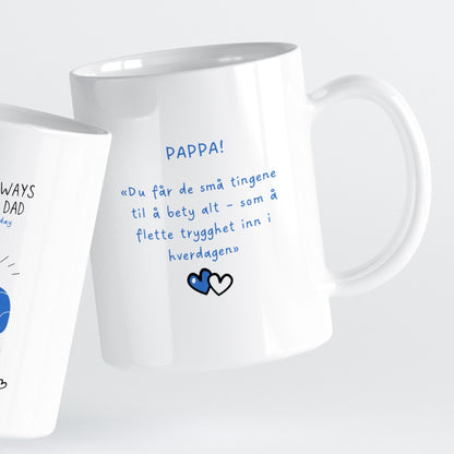 Et hjertevarmt krus som fanger de små, fine øyeblikkene i hverdagen.
Perfekt til morgenkaffen og som en påminnelse om at kjærlighet vises i det enkle.