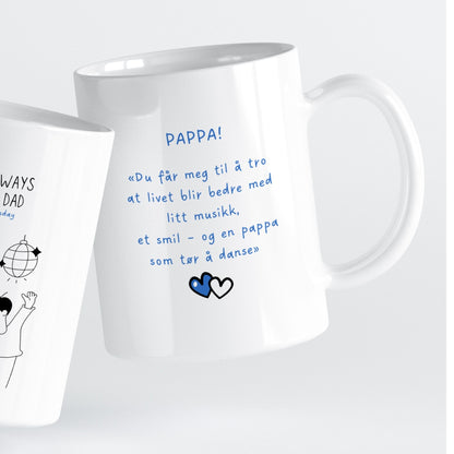 Et lekent og trygt motiv som minner om hvordan fars kjærlighet skaper rom for latter og ro.
Et krus som passer like godt på kontoret som hjemme.