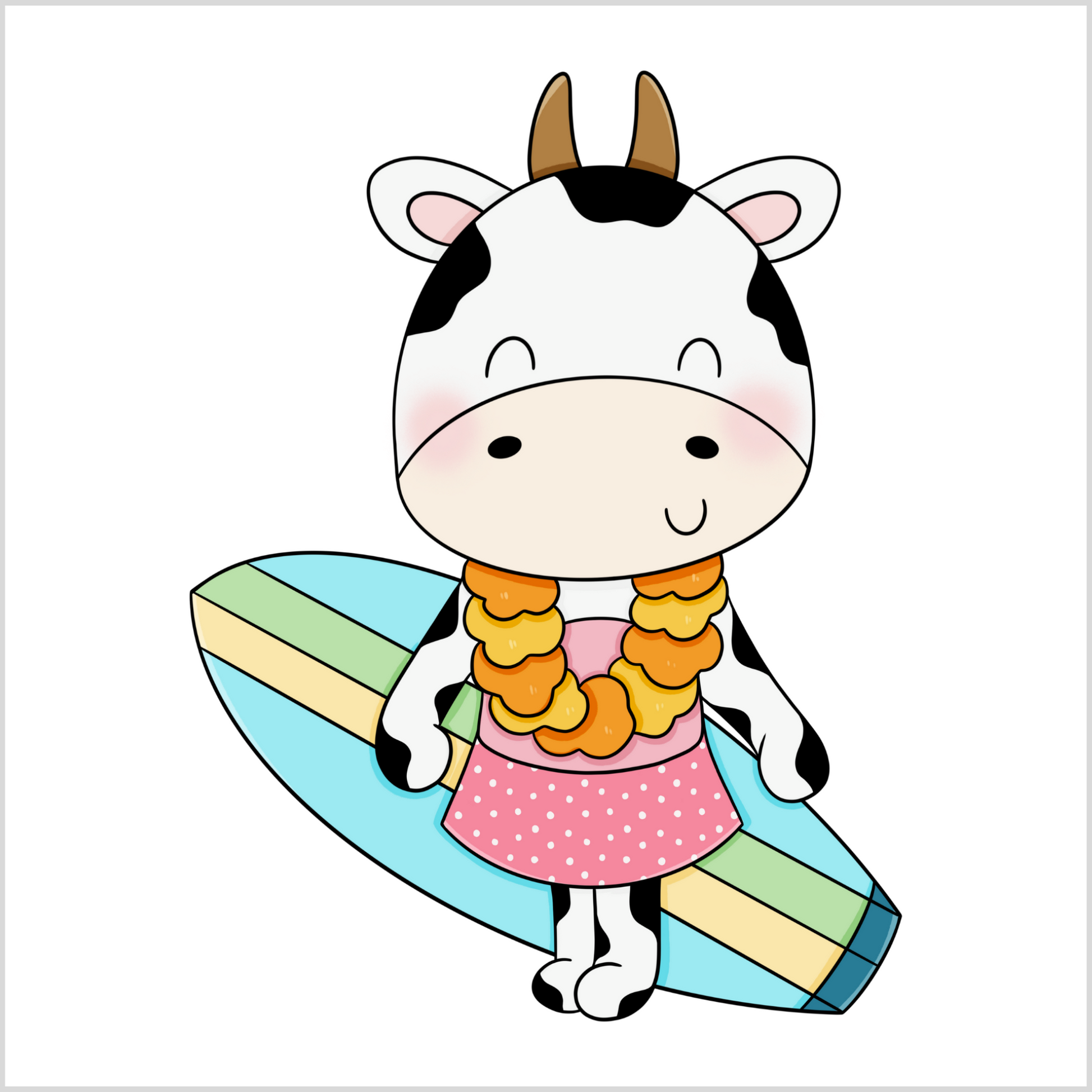 Grafisk illustrasjon av en ku-jente med et surfebrett med blå, gul og grønn striper. Hun har på lys rose overdel og rosa skjørt med hvite prikker. Rundt halsen har hun en blomsterkrans.