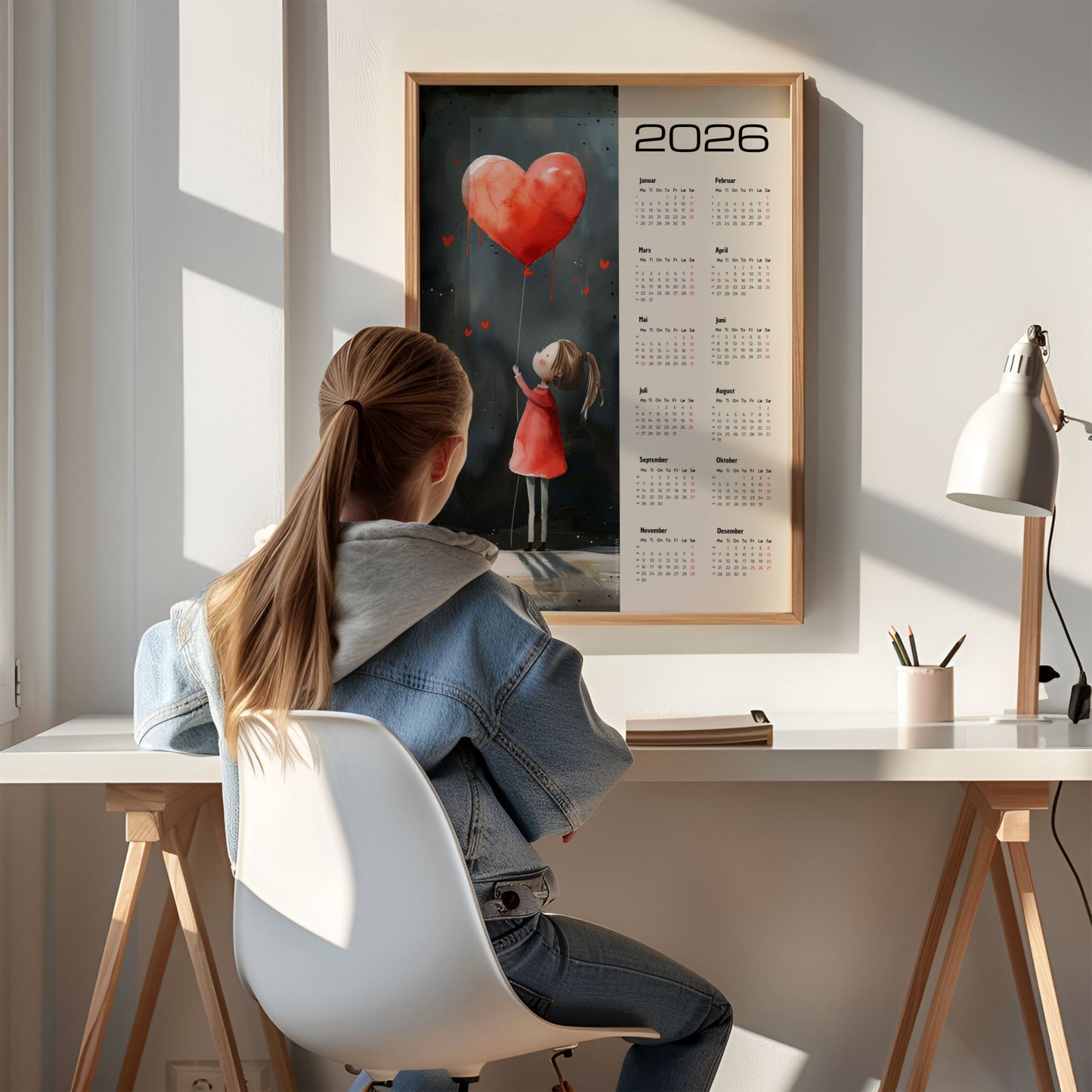 En myk og poetisk kalender med en liten jente som rekker mot himmelen etter en rød hjerteballong. Illustrasjon viser kalender i eik ramme.