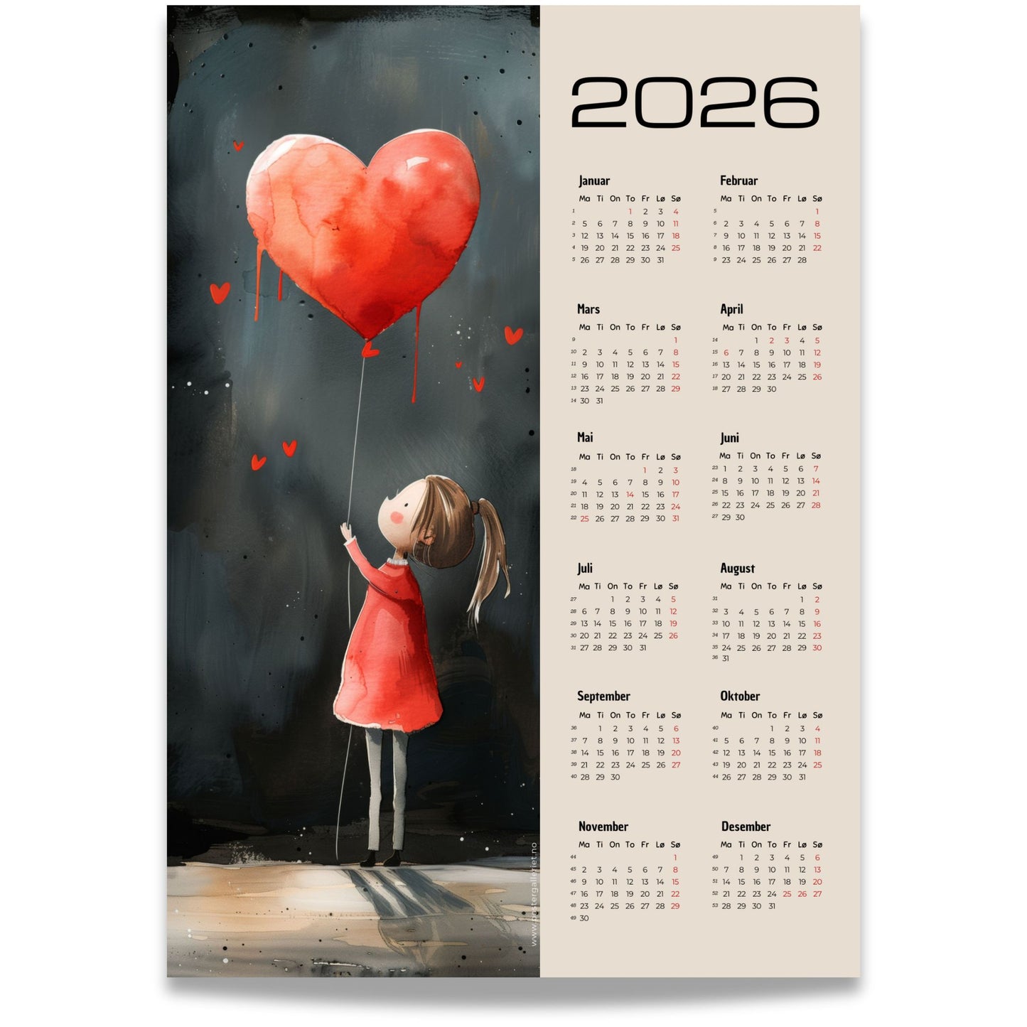 En myk og poetisk kalender med en liten jente som rekker mot himmelen etter en rød hjerteballong.