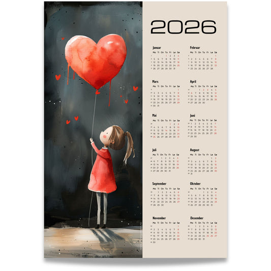 En myk og poetisk kalender med en liten jente som rekker mot himmelen etter en rød hjerteballong.