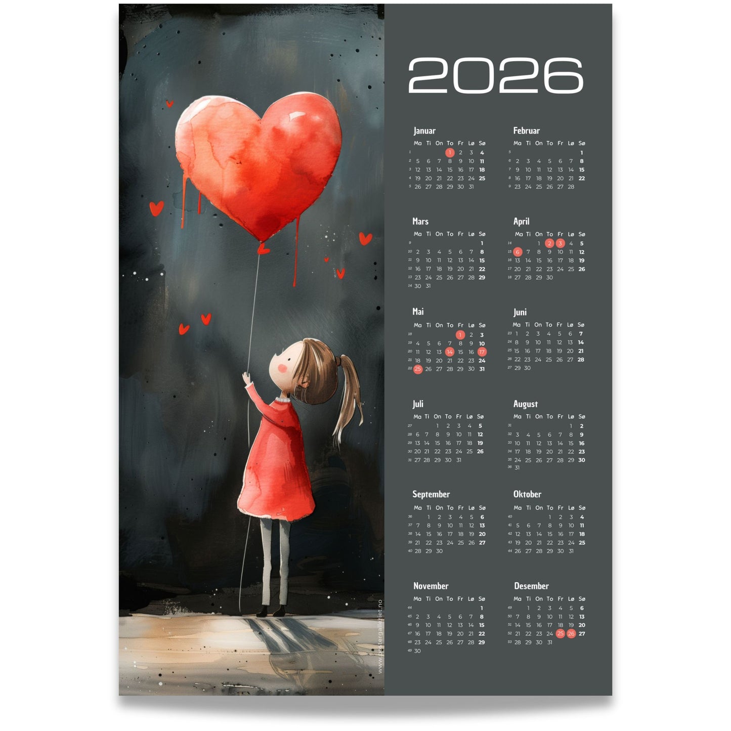 En stemningsfull kalender der den røde hjerteballongen lyser vakkert mot den mørke bakgrunnen.