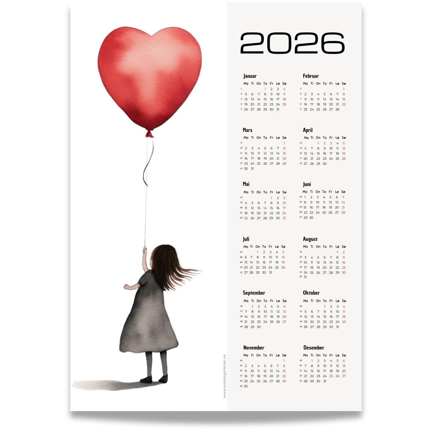 Illustrasjon av en liten jente som holder en stor rød hjerteballong, med minimalistisk bakgrunn og kalender for 2026 på høyre side.