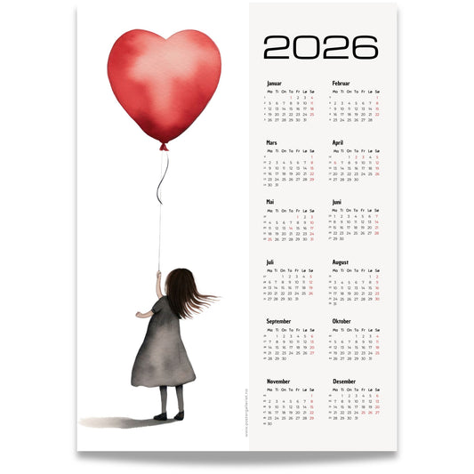 Illustrasjon av en liten jente som holder en stor rød hjerteballong, med minimalistisk bakgrunn og kalender for 2026 på høyre side.