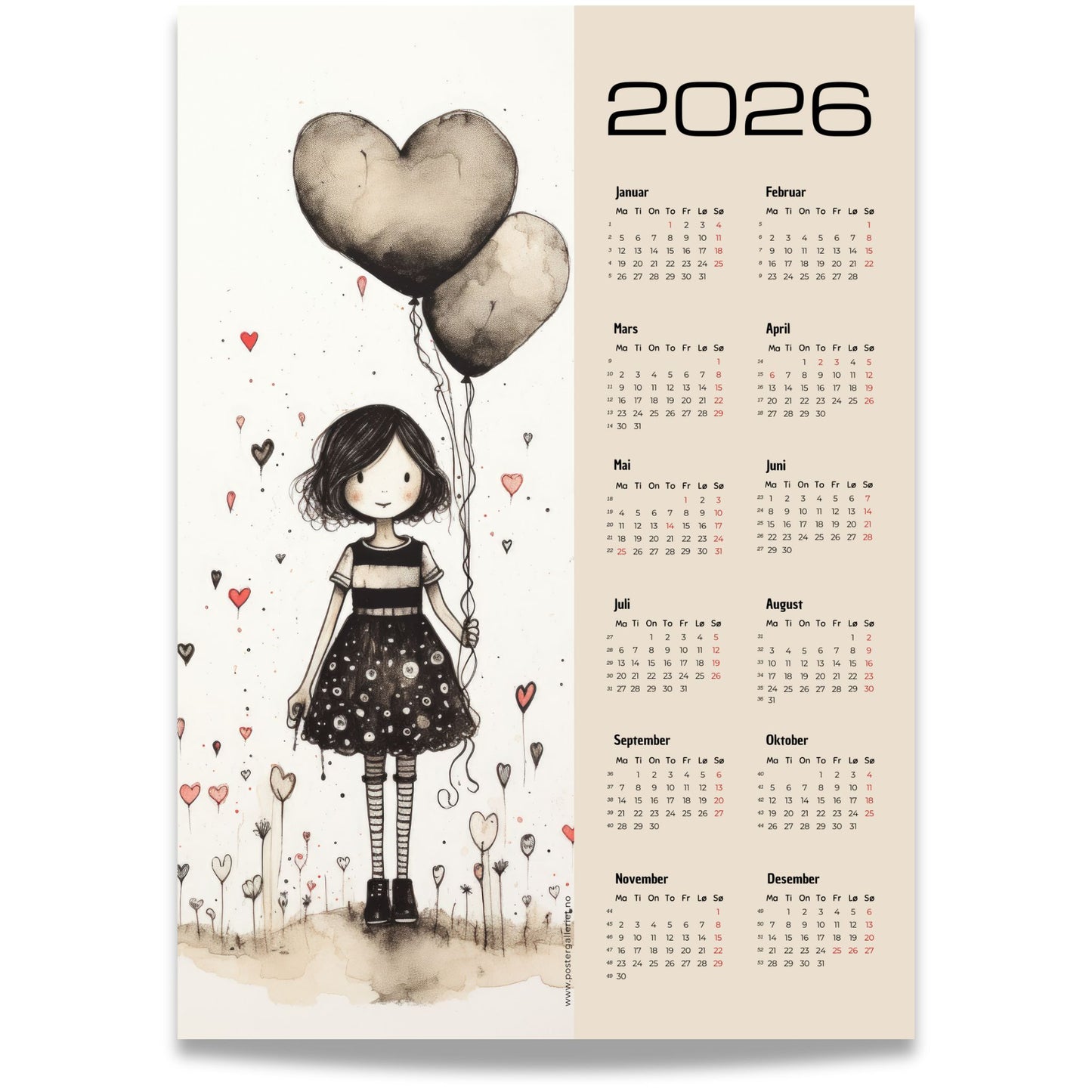 Illustrasjon av en jente som står i et felt med små hjerter og holder to store hjerteformede ballonger, med kalender for 2026 på høyre side.