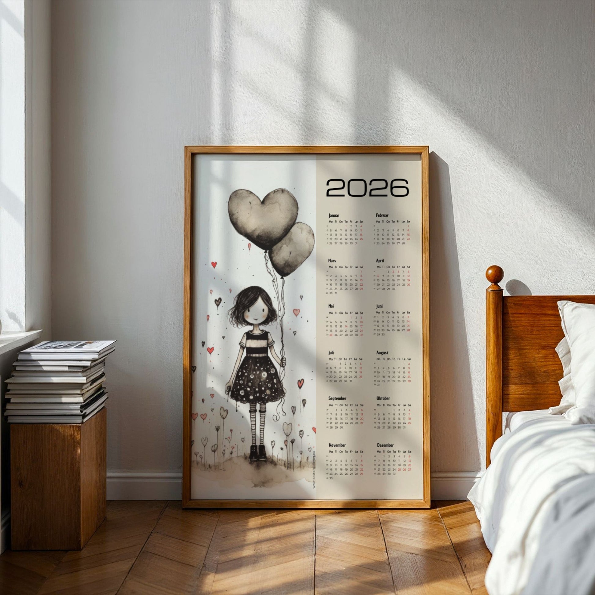 Illustrasjon av en jente som står i et felt med små hjerter og holder to store hjerteformede ballonger, med kalender for 2026 på høyre side. Illustrasjon viser kalender i eik ramme.