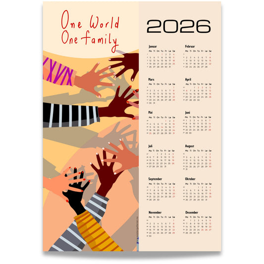 Kalender for 2026 med grafisk kunstmotiv av hender i ulike hudtoner og teksten One World – One Family. Kalenderen viser alle årets måneder på høyre side.
