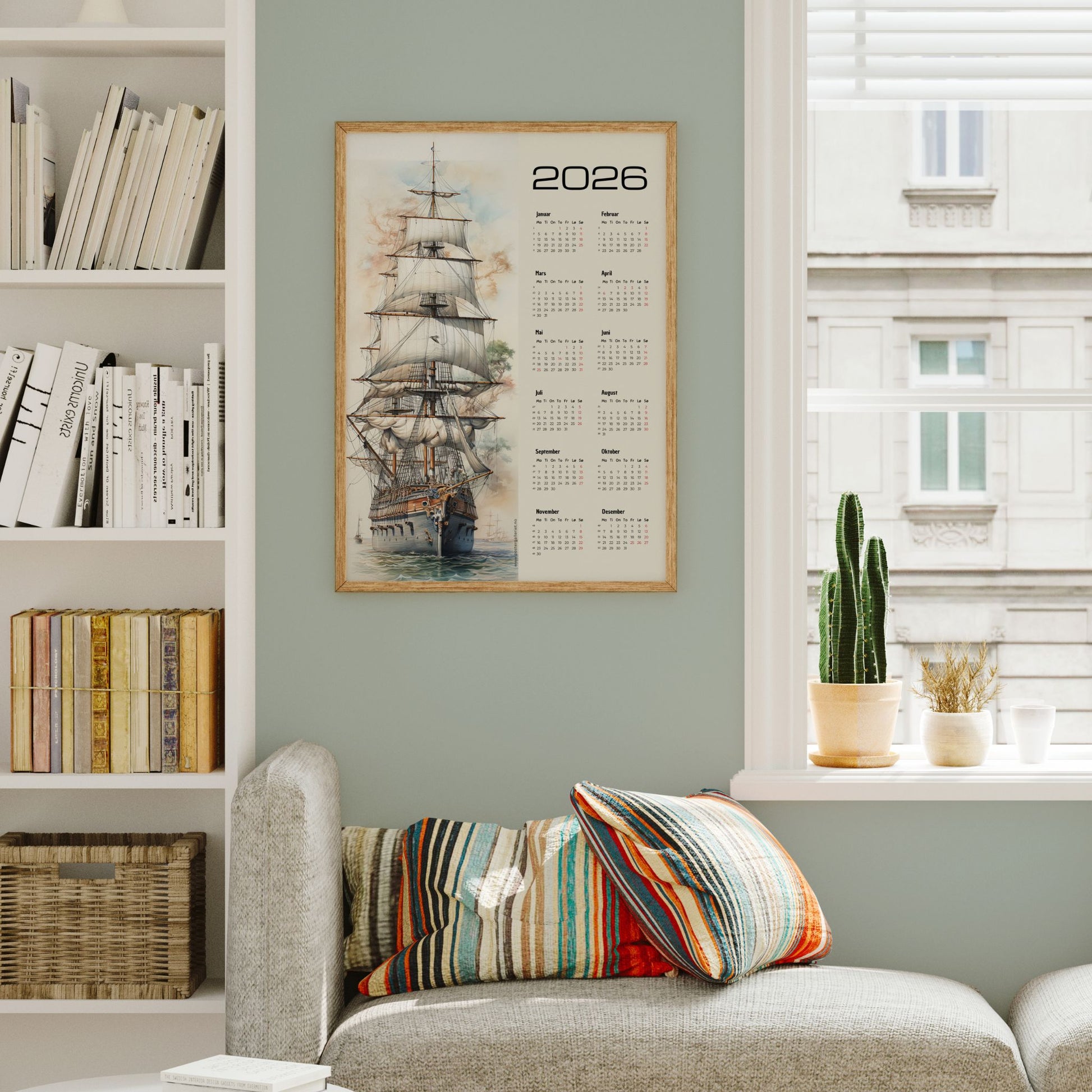 Kalender for 2026 med kunstmotiv av et stort seilskip i sollys, med alle årets måneder plassert i en tydelig kalenderkolonne til høyre. Illustrasjon viser kalender i eik ramme.
