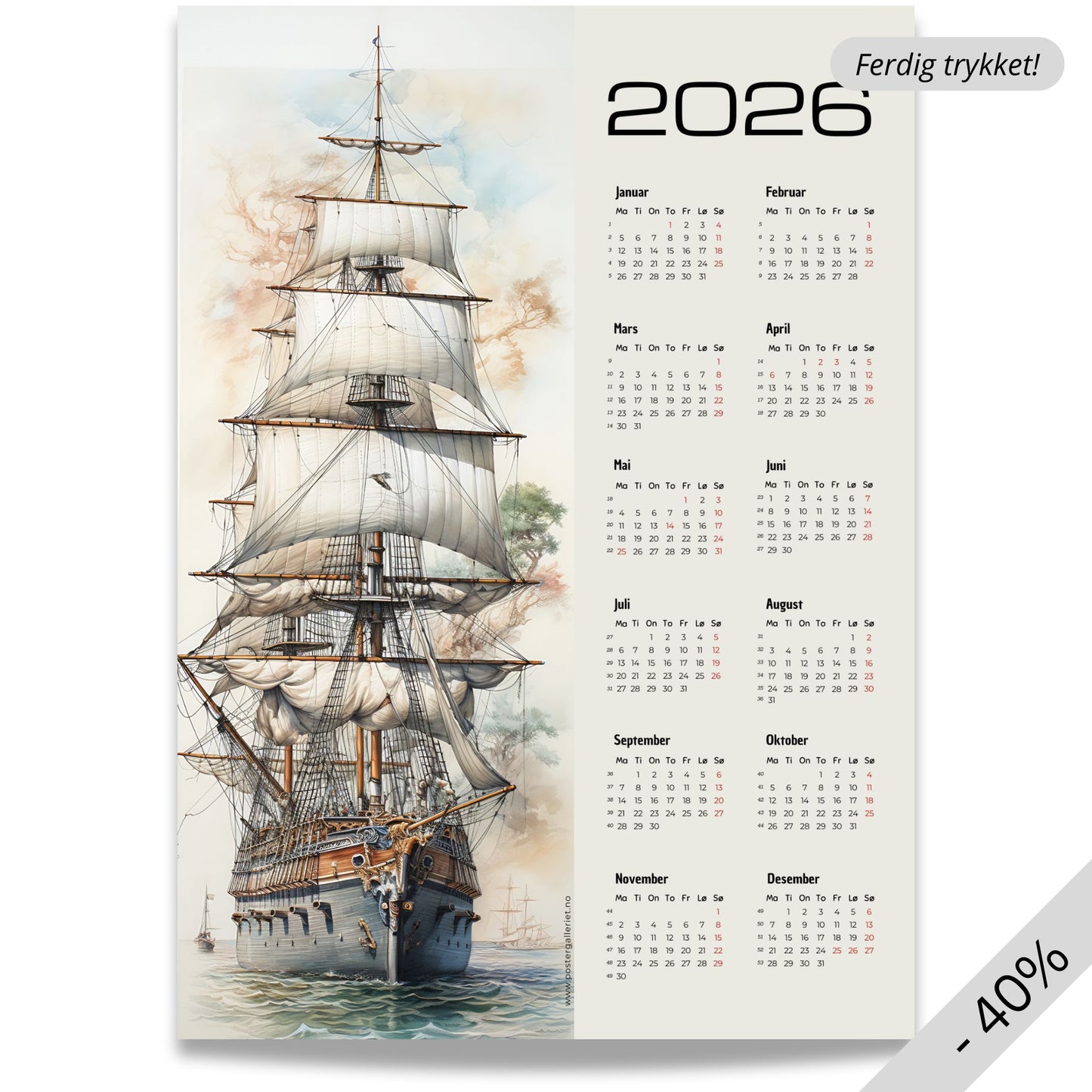 Kalender for 2026 med kunstmotiv av et stort seilskip i sollys, med alle årets måneder plassert i en tydelig kalenderkolonne til høyre.