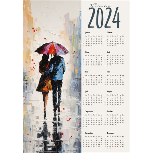 Kalender 2024 i grafisk print. Halve vertikale side har et grafisk motiv av et par som går under en paraply. Den andre halvdelen er påført 12 måneder med ukenummer og anmerket høytidsdager. 