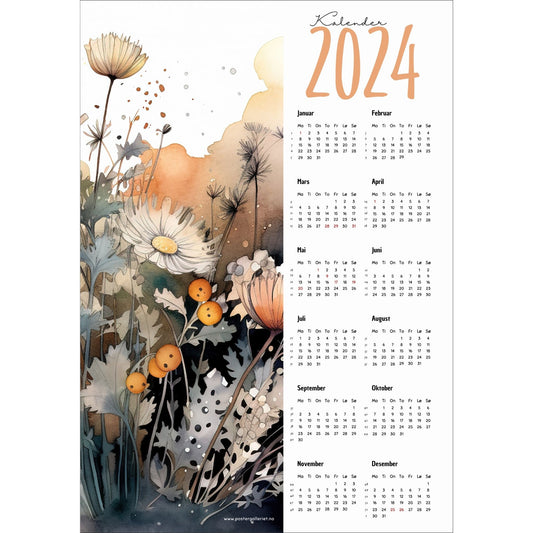 Kalender 2024 i grafisk print. Halve vertikale side har et grafisk floralt motiv i oransje, brun, beige og gråe fargenyanser. Den andre halvdelen er påført 12 måneder med ukenummer og anmerket høytidsdager. 