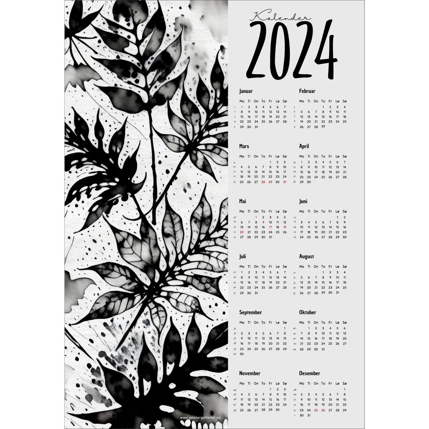 Kalender 2024 i grafisk print. Halve vertikale side har et grafisk floralt motiv i sort og hvitt. Den andre halvdelen er påført 12 måneder med ukenummer og anmerket høytidsdager. 