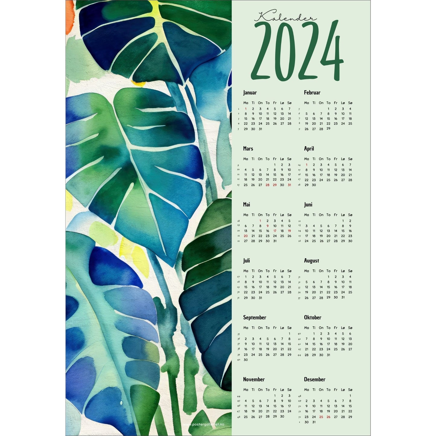 Kalender 2024 i grafisk print. Halve vertikale side har et grafisk, floralt motiv av tropiske blader i blå, grønne og turkise fargenyanser. Den andre halvdelen er påført 12 måneder med ukenummer og anmerket høytidsdager. 
