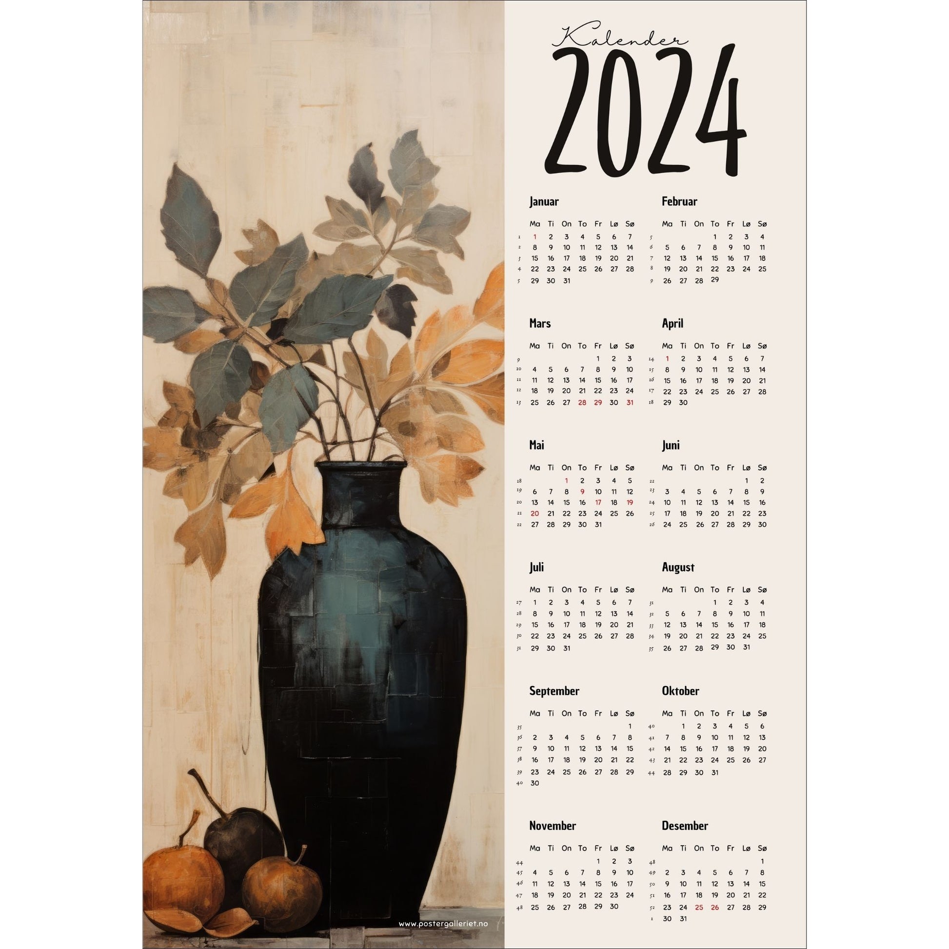 Kalender 2024 i grafisk print. Halve vertikale side har et grafisk motiv av høstfargede blader i sort vase. Den andre halvdelen er påført 12 måneder med ukenummer og anmerket høytidsdager.