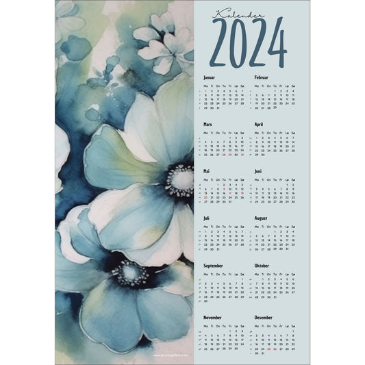 Kalender 2024 i grafisk print. Halve vertikale side har et grafisk floralt motiv i duse blå nyanser. fargenyanser. Den andre halvdelen er påført 12 måneder med ukenummer og anmerket høytidsdager. 