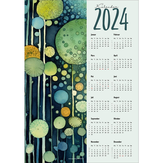 Kalender 2024 i grafisk print. Halve vertikale side har et grafisk motiv i grønne og blå fargenyanser. Den andre halvdelen er påført 12 måneder med ukenummer og anmerket høytidsdager. 