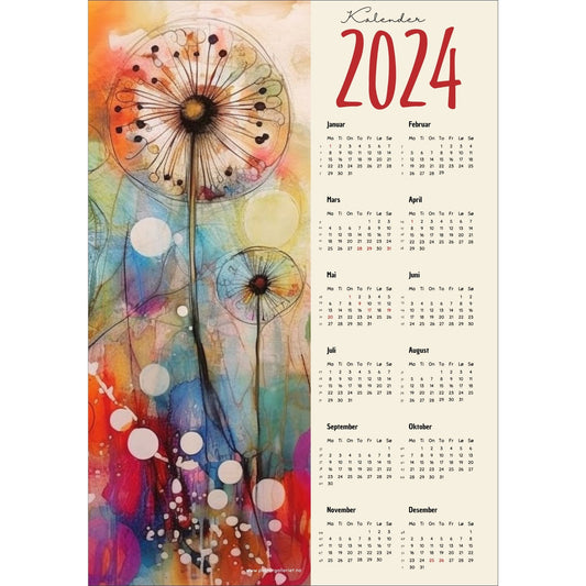 Kalender 2024 i grafisk print. Halve vertikale side har et grafisk floralt motiv av en løvetann i friske multi fargenyanser. fargenyanser. Den andre halvdelen er påført 12 måneder med ukenummer og anmerket høytidsdager.