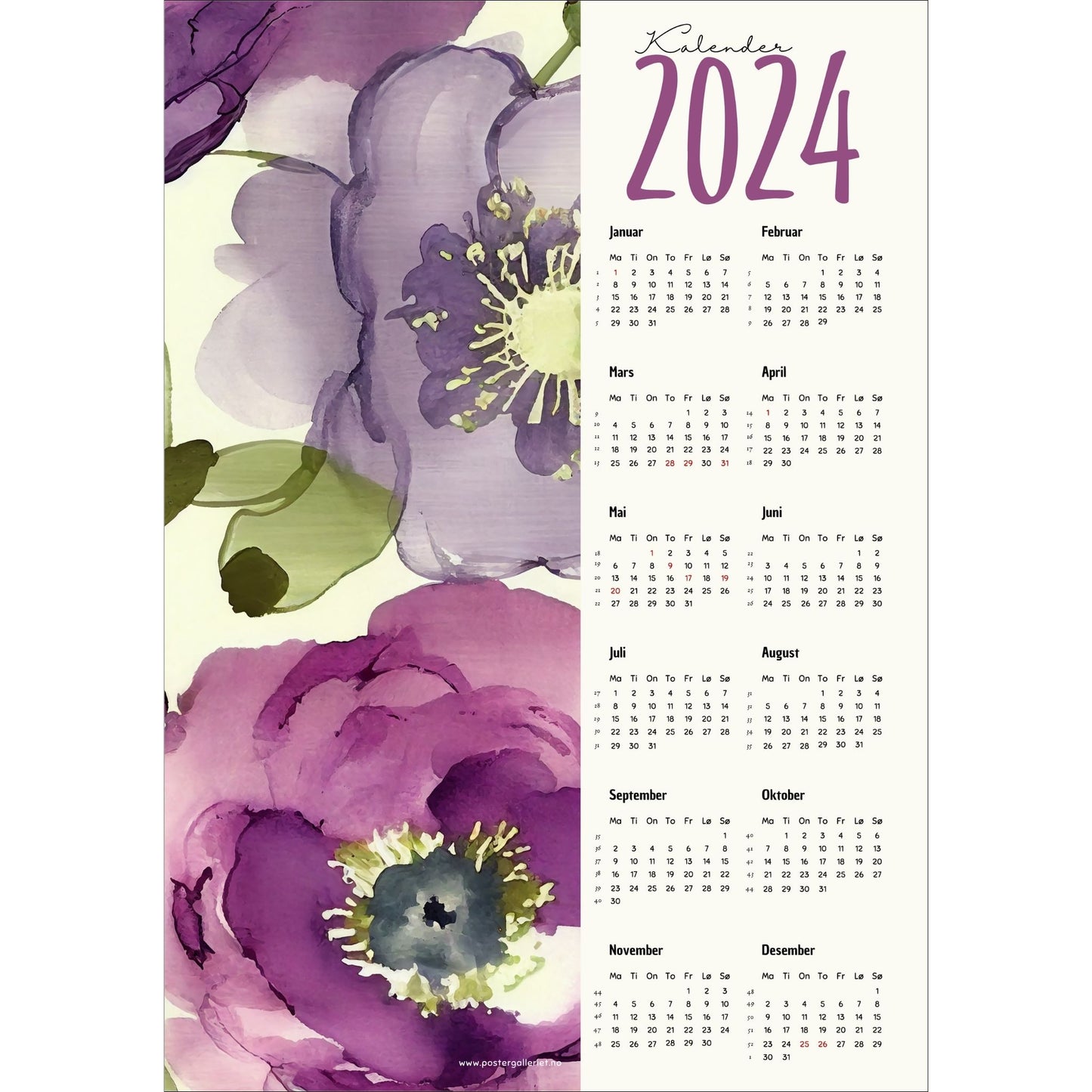 Kalender 2024 i grafisk print. Halve vertikale side har et grafisk floralt motiv i friske lilla fargenyanser. fargenyanser. Den andre halvdelen er påført 12 måneder med ukenummer og anmerket høytidsdager. 