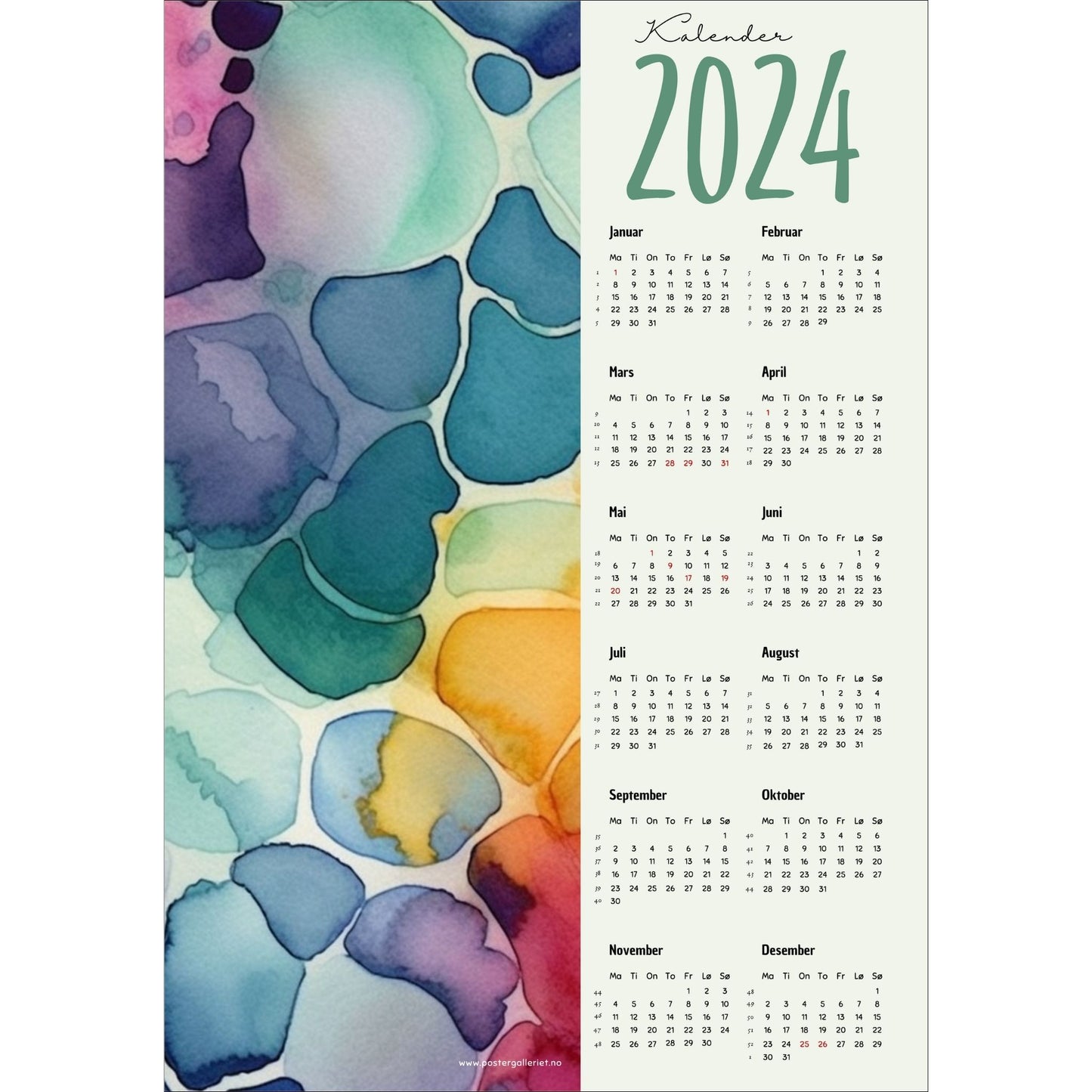 Kalender 2024 i grafisk print. Halve vertikale side har et abstrakt grafisk multifarget motiv. Den andre halvdelen er påført 12 måneder med ukenummer og anmerket høytidsdager.
