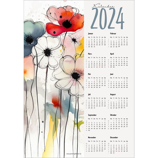 Kalender 2024 i grafisk print. Halve vertikale side har et grafisk floralt motiv i friske fargenyanser. fargenyanser. Den andre halvdelen er påført 12 måneder med ukenummer og anmerket høytidsdager. 