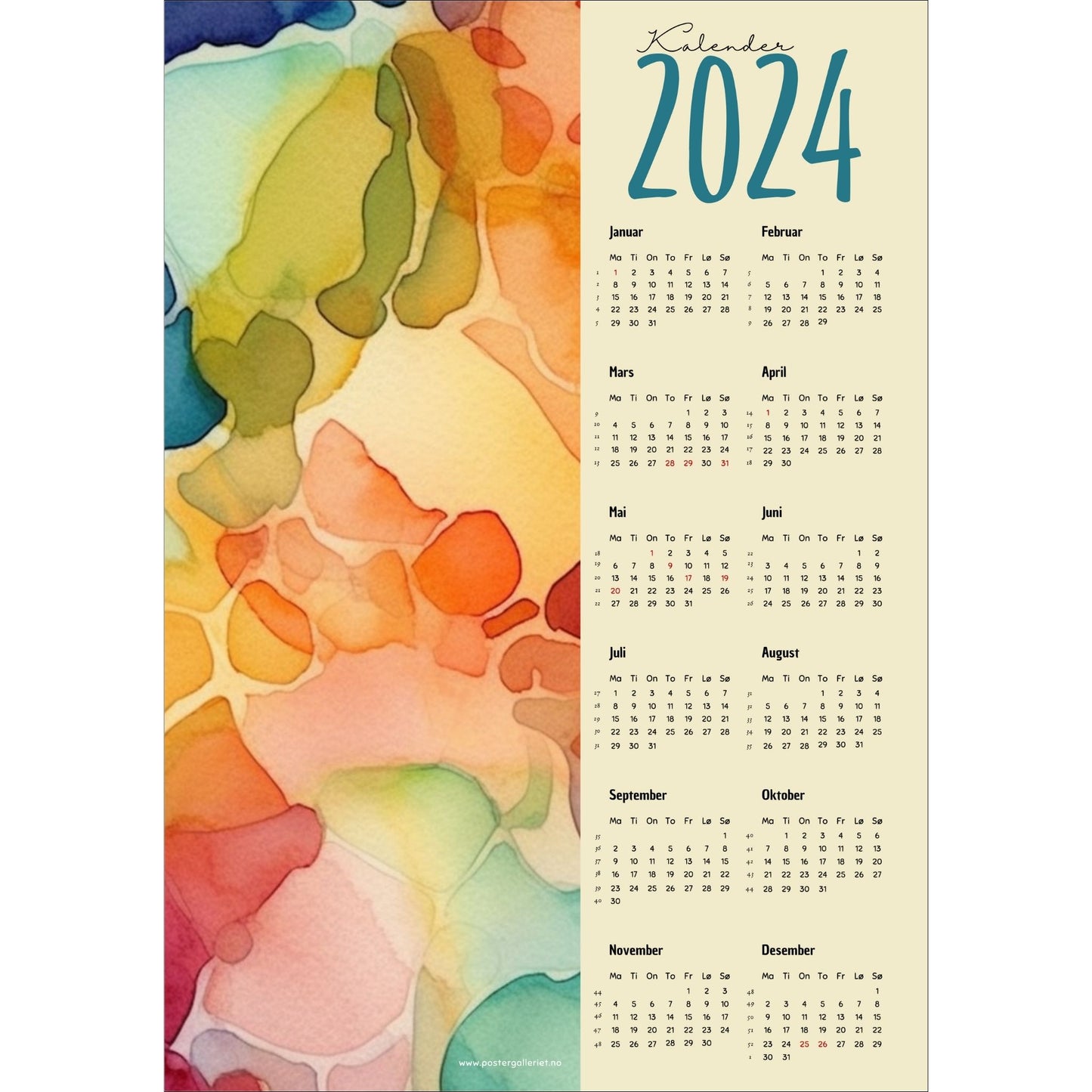Kalender 2024 i grafisk print. Halve vertikale side har et abstrakt grafisk multifarget motiv. Den andre halvdelen er påført 12 måneder med ukenummer og anmerket høytidsdager. 