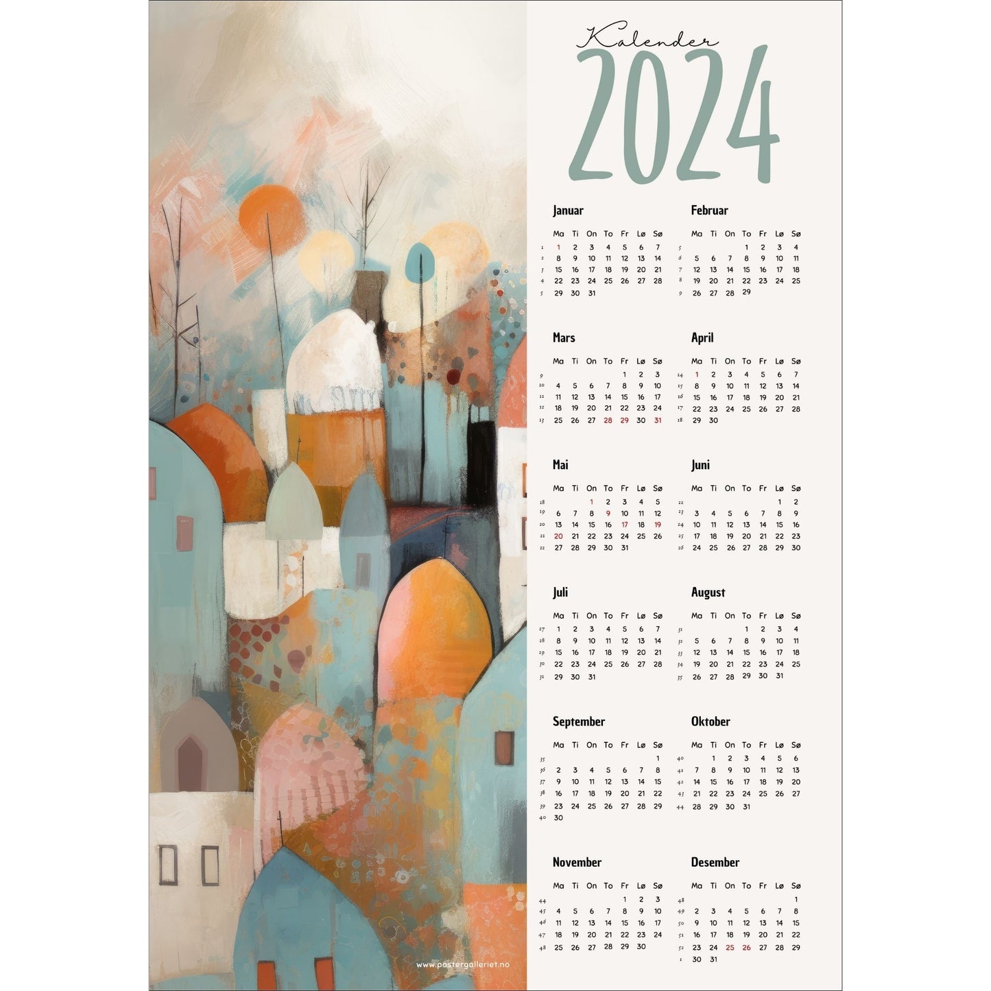 Kalender 2024 i grafisk print. Halve vertikale side har et grafisk motiv i dus turkis, oransje og beige fargenyanser. Den andre halvdelen er påført 12 måneder med ukenummer og anmerket høytidsdager. 