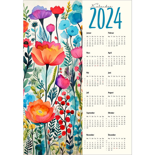 Kalender 2024 i grafisk print. Halve vertikale side har et grafisk floralt motiv i friske fargenyanser. Den andre halvdelen er påført 12 måneder med ukenummer og anmerket høytidsdager. 