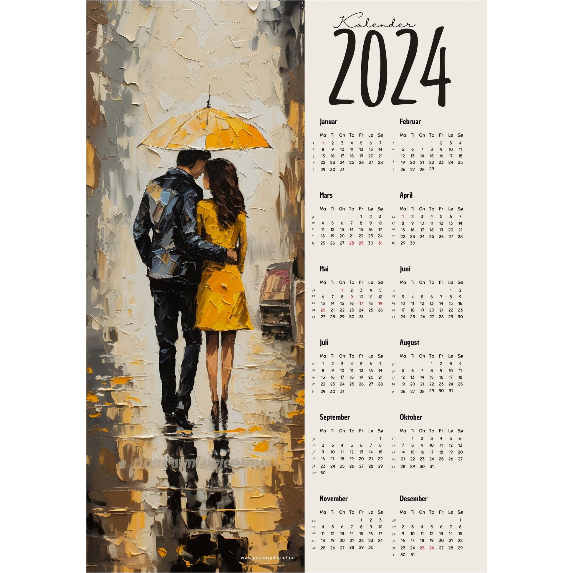 Kalender 2024 i grafisk print. Halve vertikale side har et grafisk motiv av et par som går under en gul paraply. Den andre halvdelen er påført 12 måneder med ukenummer og anmerket høytidsdager. 