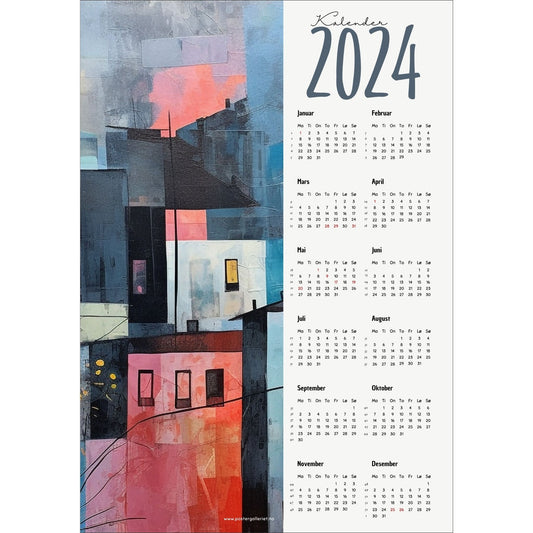 Kalender 2024 i grafisk print. Halve vertikale side har et grafisk motiv av en by i fargenyanser blå, rosa og rød. Den andre halvdelen er påført 12 måneder med ukenummer og anmerket høytidsdager. Miljøbilde av kalender i en sort ramme som står på et skap.