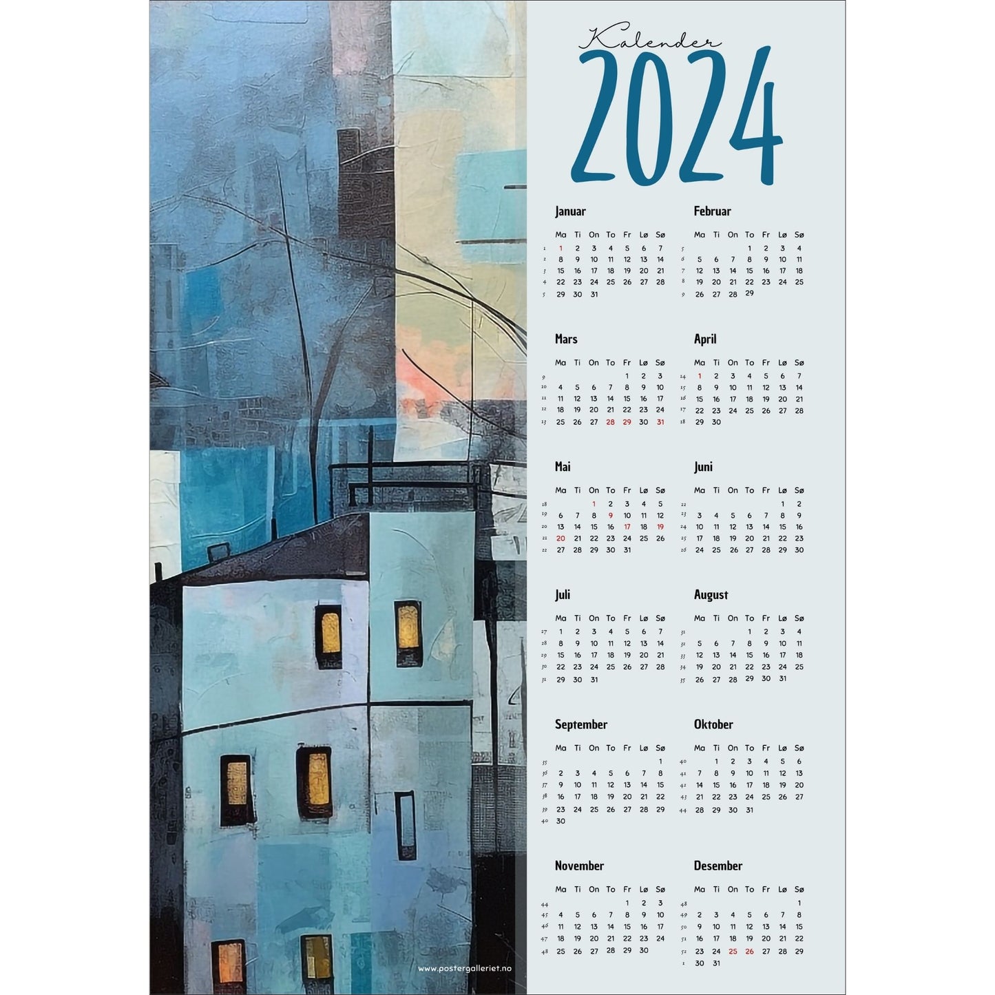 Kalender 2024 i grafisk print. Halve vertikale side har et grafisk motiv av en by i blåe fargenyanser med innslag av beige. Den andre halvdelen er påført 12 måneder med ukenummer og anmerket høytidsdager.