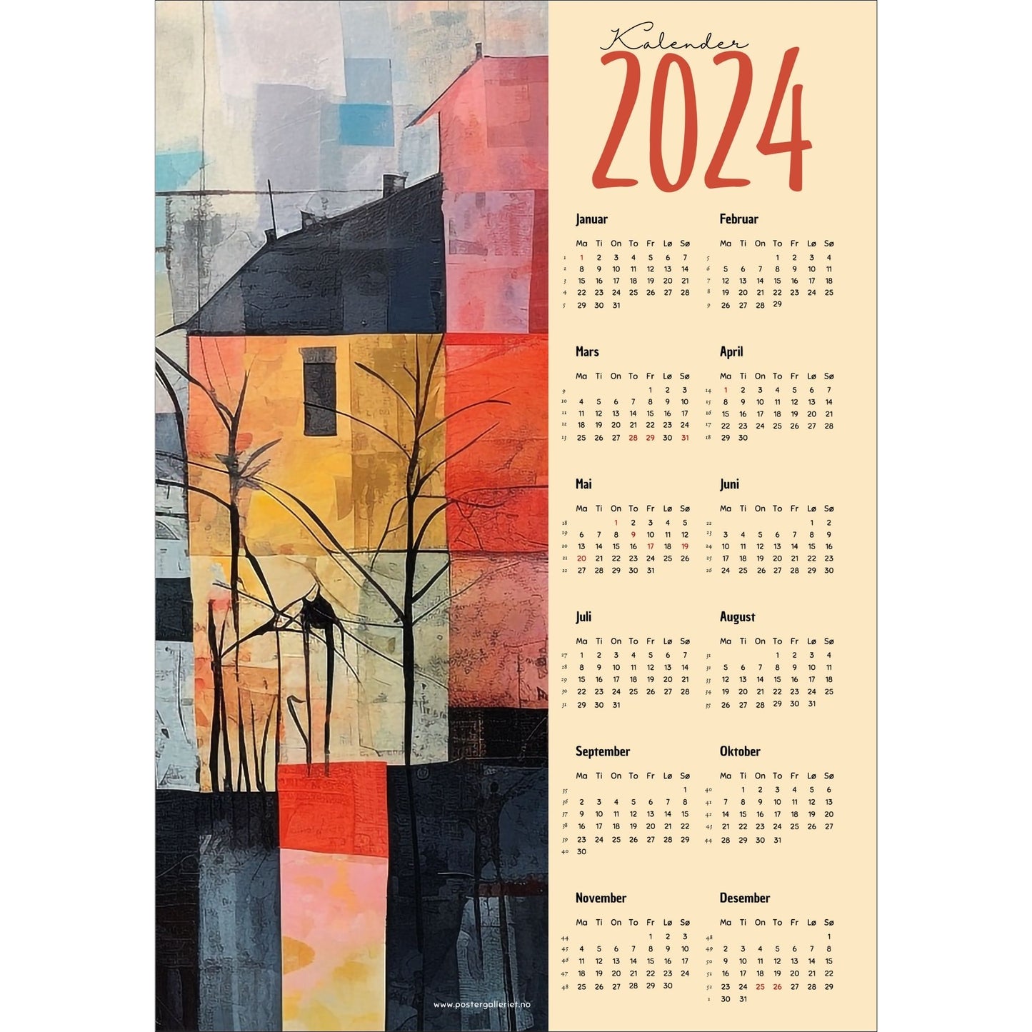 Kalender 2024 i grafisk print. Halve vertikale side har et grafisk motiv av en by i fargenyanser oransje, rosa, rød og sort. Den andre halvdelen er påført 12 måneder med ukenummer og anmerket høytidsdager. 
