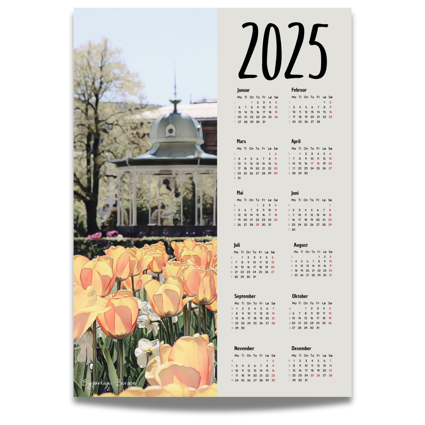 Oppdag den unike Bergen Plakatkalender 2025, en praktisk og vakker måte å holde oversikt over året på!. Motiv fra Byparken.
