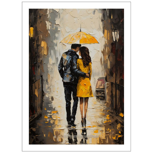 "Kjæresteparet under den gule paraplyen" - oljemaleri i grafisk trykk. Motiv av et par som går under en gul paraply langs en gate. Hun har en gul kåpe og han en sort dress. Motivet fås som plakat og lerret.