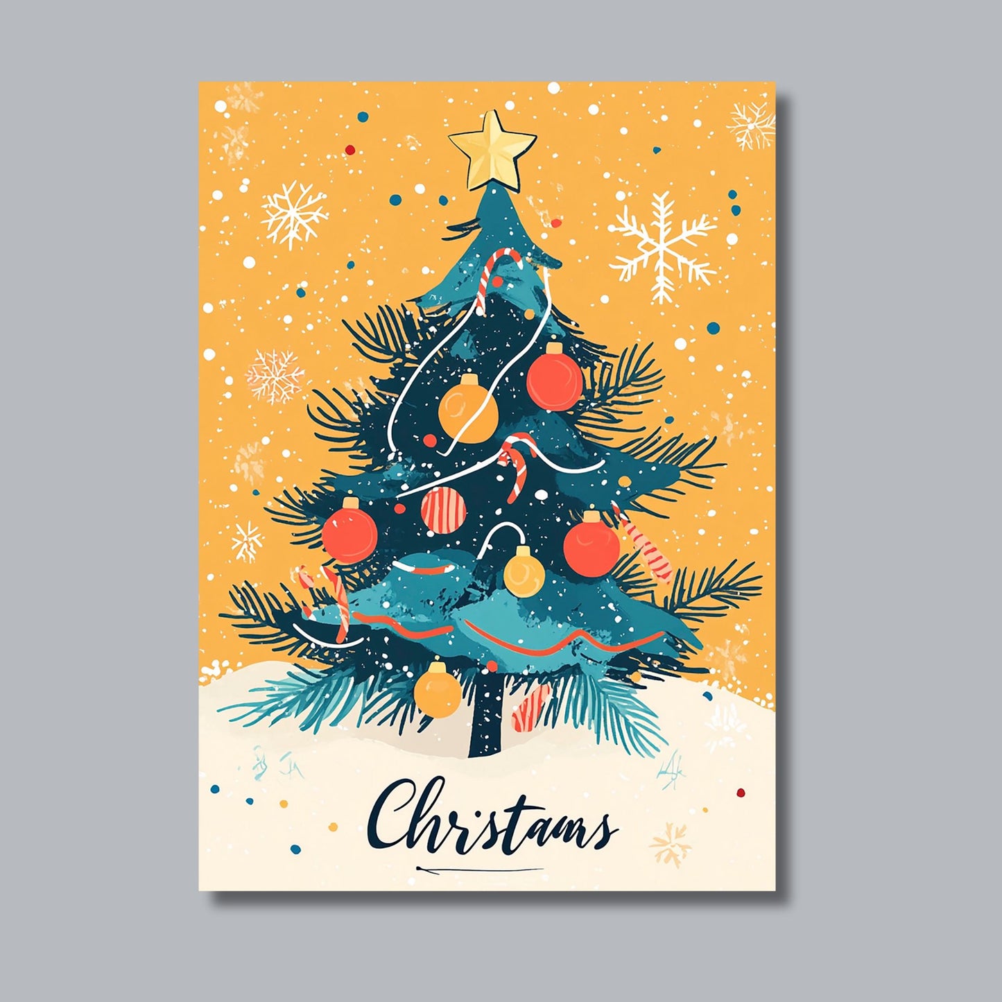 Skap en festlig atmosfære i hjemmet med vår "Klassisk Juletre" plakat og lerret – en fargerik og livlig illustrasjon av et pyntet juletre med stjerne på toppen og snøfnugg som danser i bakgrunnen. Illustrasjon viser motivet på lerret.