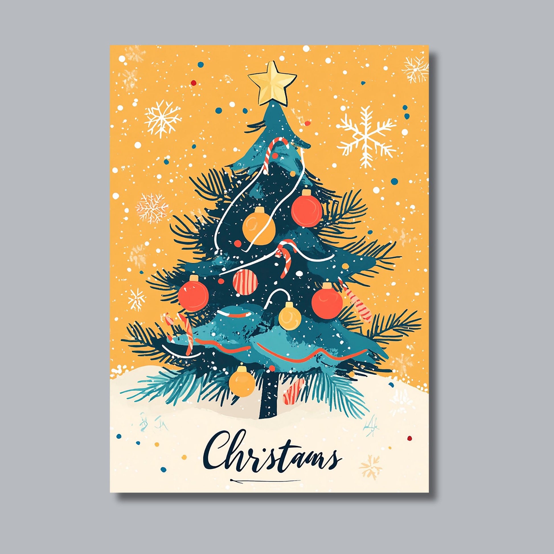 Skap en festlig atmosfære i hjemmet med vår "Klassisk Juletre" plakat og lerret – en fargerik og livlig illustrasjon av et pyntet juletre med stjerne på toppen og snøfnugg som danser i bakgrunnen. Illustrasjon viser motivet på lerret.