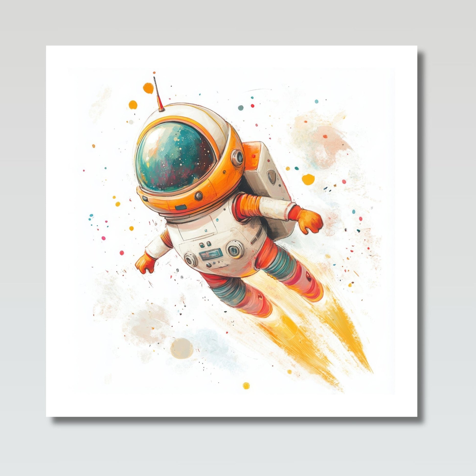 Kosmisk Eventyrer  viser en modig astronaut i svevet blant planeter, stjernestøv og universets uendelighet. Illustrasjon viser motivet på lerret.