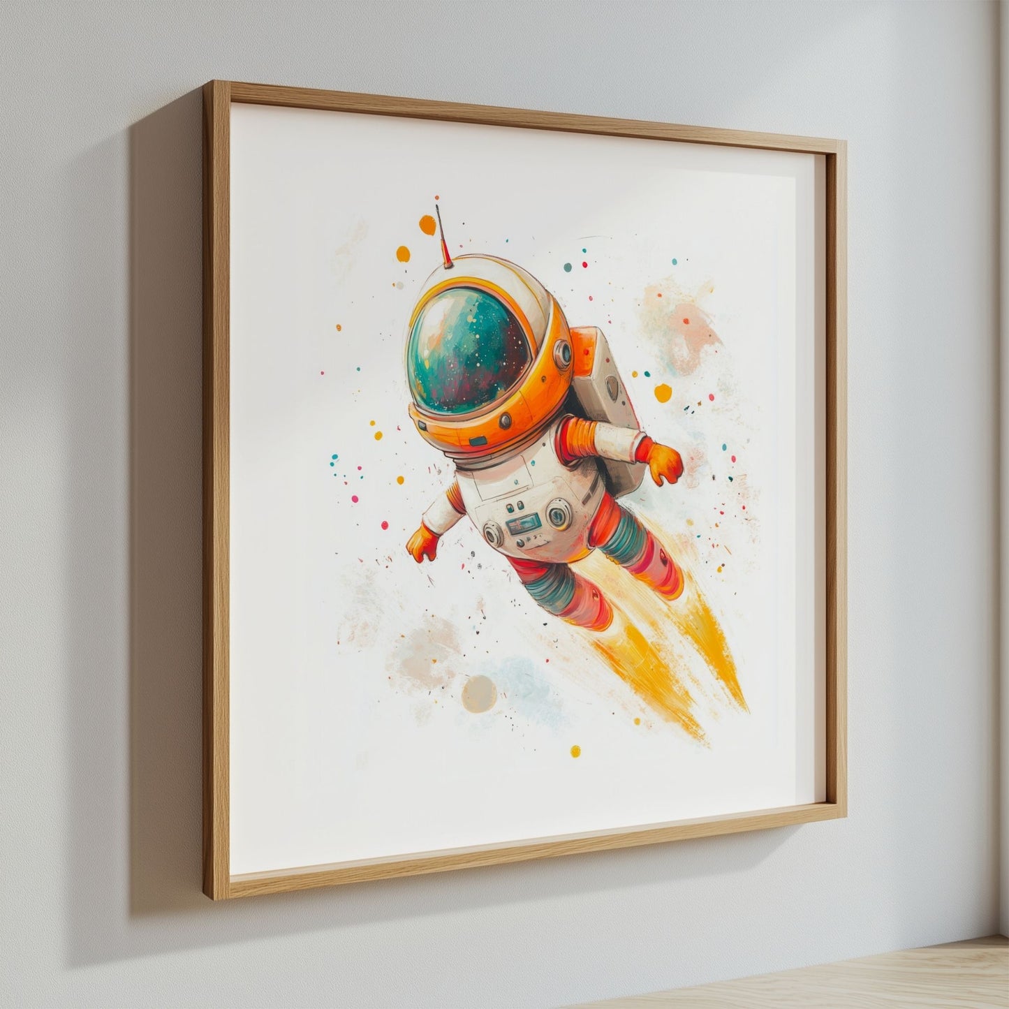 Kosmisk Eventyrer  viser en modig astronaut i svevet blant planeter, stjernestøv og universets uendelighet. Illustrasjon viser motivet som plakat i eik ramme.