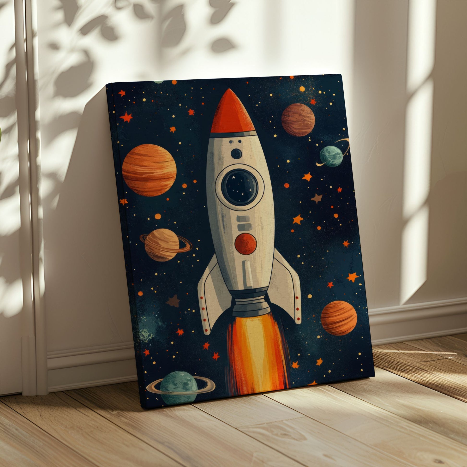 "Kosmisk Rakett"-plakat og lerret, en perfekt dekorasjon for romelskere i alle aldre. Illustrasjon viser motiv på lerret.